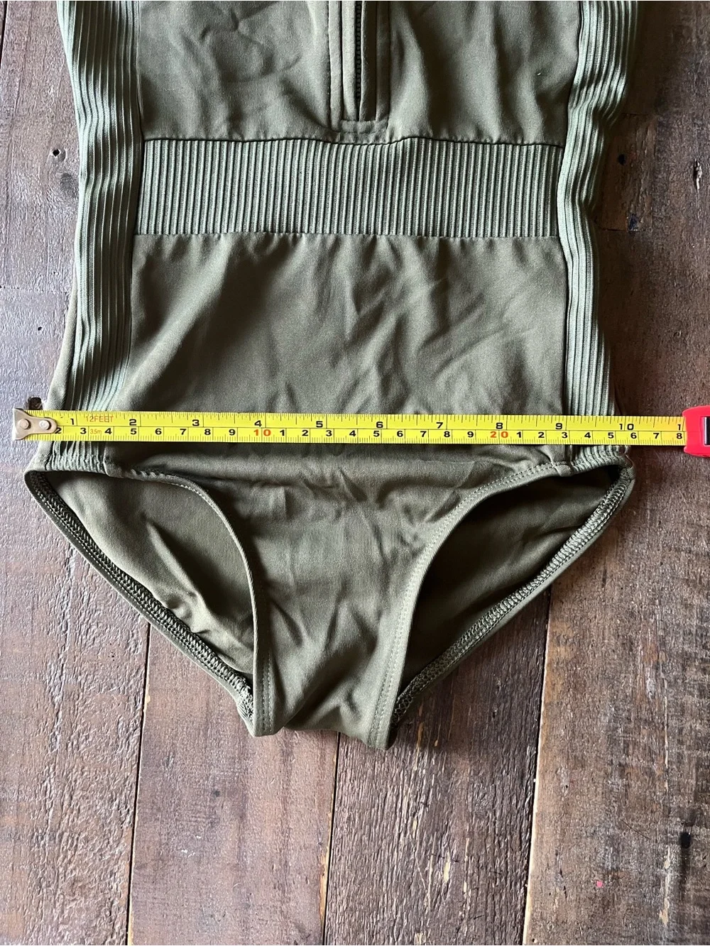 Olive Green Ribbed Zip-Front One-Piece Leotard